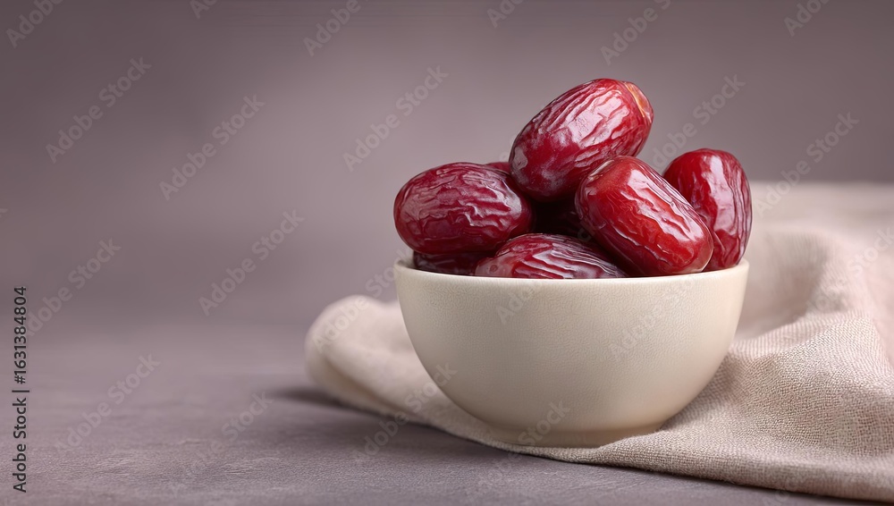 Obraz premium A bowl of fresh dates on a soft cloth, showcasing their rich color and texture.