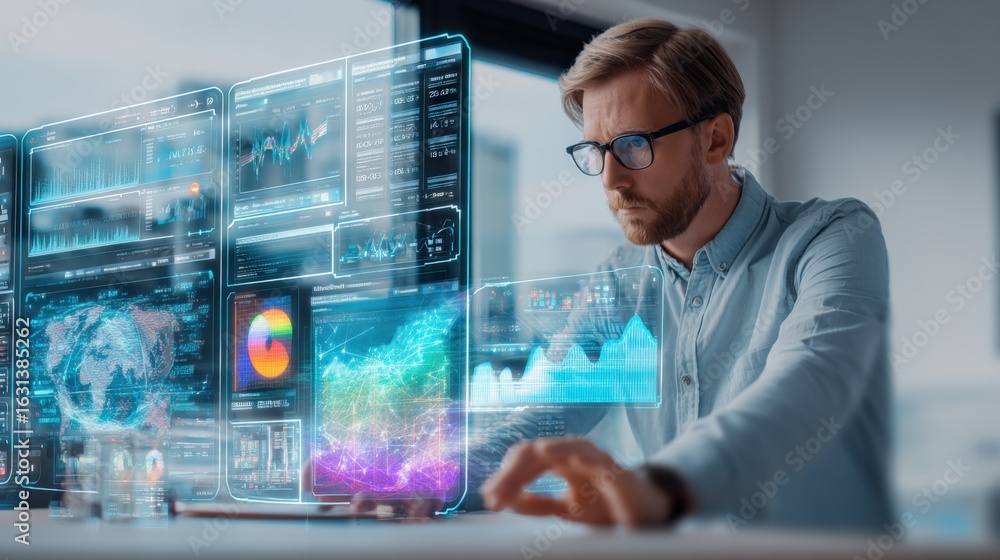 Obraz premium Data Scientist Analyzing Futuristic Interface with Charts, Graphs and Information on Transparent Digital Screens