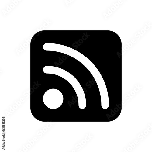 Illustration of a black square with rounded corners containing a white rss symbol with circle and arcs
