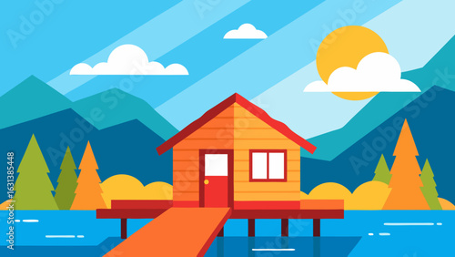 lakeside cabin deck wood summer lake bright view