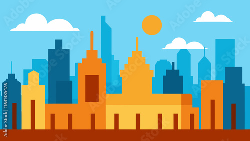city skyline clear sky urban buildings sunny day