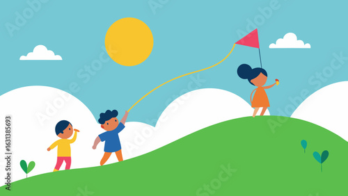 kids flying kites sunny hill outdoor fun breeze