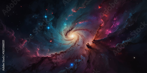 Deep space cosmic nebula with radiant spiral arms and glowing stardust.
