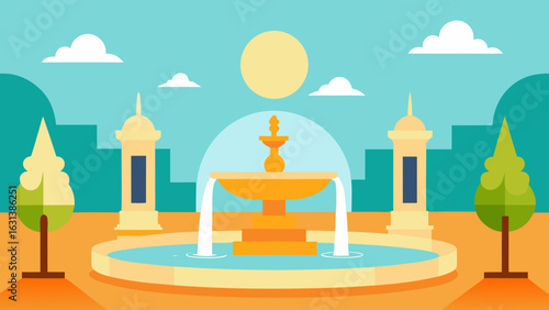 sunny plaza fountains statues open square city town