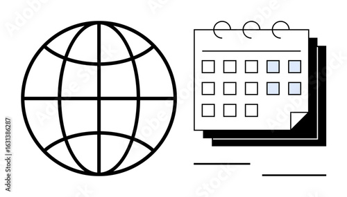 Globe and spiral calendar highlighting global communication, scheduling, and time management. Ideal for planning, organization, deadlines, events, globalization digital tools teamwork. A simple