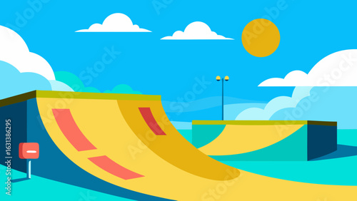 sunny skatepark graffiti walls blue sky skater fun