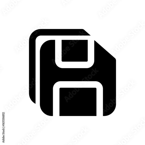 Illustration of a black floppy disk icon with white details, representing data storage and saving files