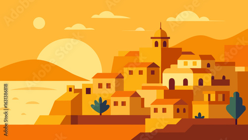 warm coastal town golden sun