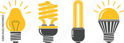 Bright ideas concept featuring different types of light bulbs in yellow tones