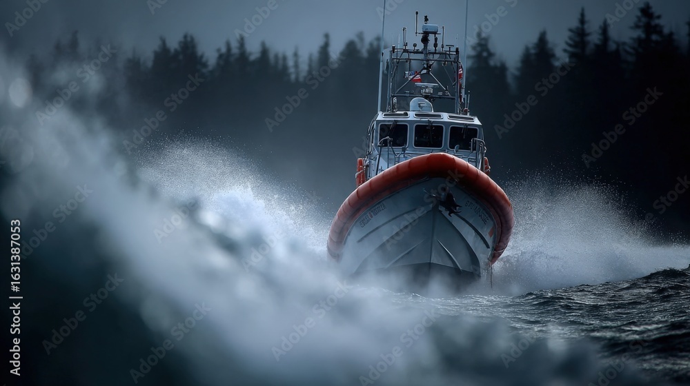 Fototapeta premium Coastline Patrol Boat Navigating Rough Waters: A Dramatic Maritime Scene with Coast Guard Vessel