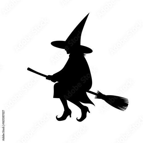 Silhouette of a witch with pointed hat riding a broomstick in high heels