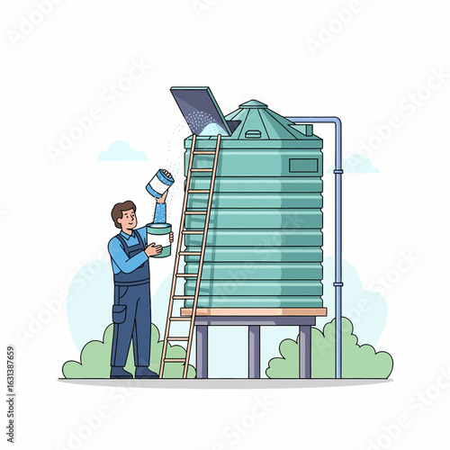 A man treats a large water tank, applying chemicals for mosquito and vector control to prevent diseases like Chikungunya, Dengue, and Zika.