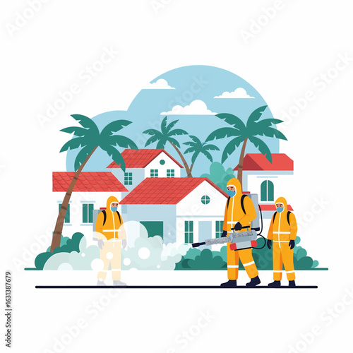 Public health team spraying disinfectant in a tropical community. This vector illustration depicts essential workers battling disease outbreaks like chikungunya.