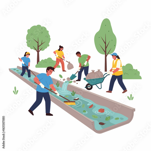 Volunteers Cleaning Drainage Ditch to Prevent Disease Spread