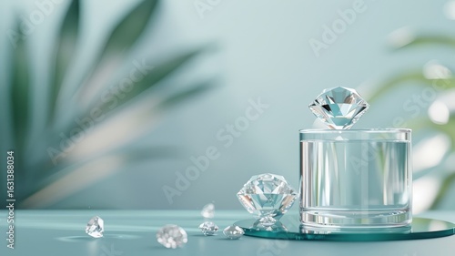 Luxurious 3D crystal podium with diamond display and blue glass platform, ideal for high-end jewelry.