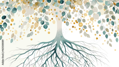 Watercolor painting of a tree with leaves and roots in shades of blue green and yellow on white paper