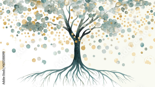 Artistic depiction of a tree with roots and branches adorned with colorful circular shapes scattered around