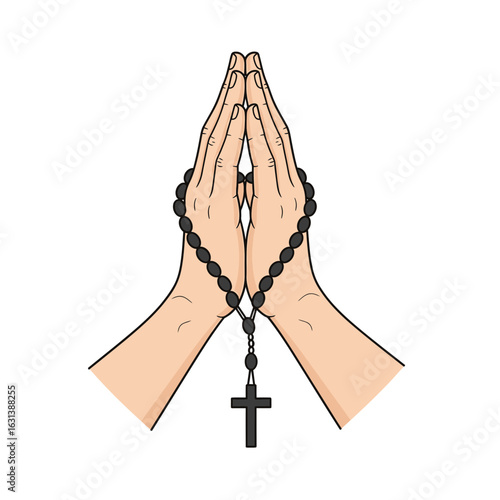 Hands in Prayer with Rosary and Cross Simple Illustration