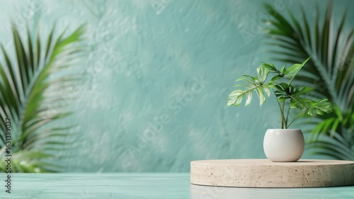 Nature-themed 3D podium with forest backdrop, white plant, and wooden product display in a tropical garden studio.