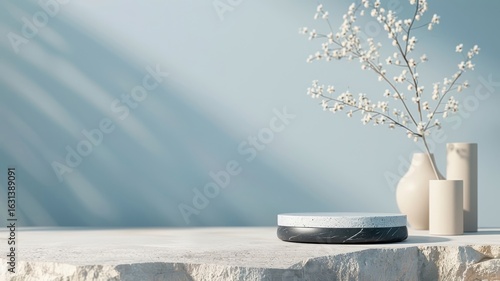 Abstract stage scene with a black stone podium and rock background, including 3D geometric marble details and a minimalistic studio setup for showcasing products.