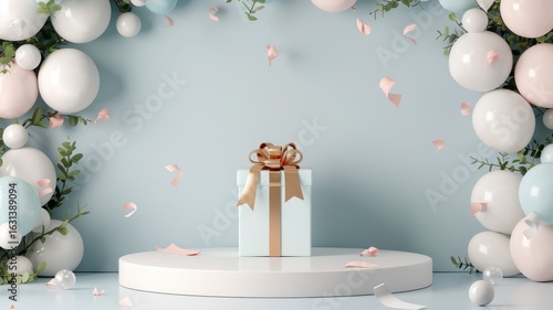 Blue podium with balloon background, featuring a gift box on a stage platform, suitable for birthday events, festive parties, and product showcases.