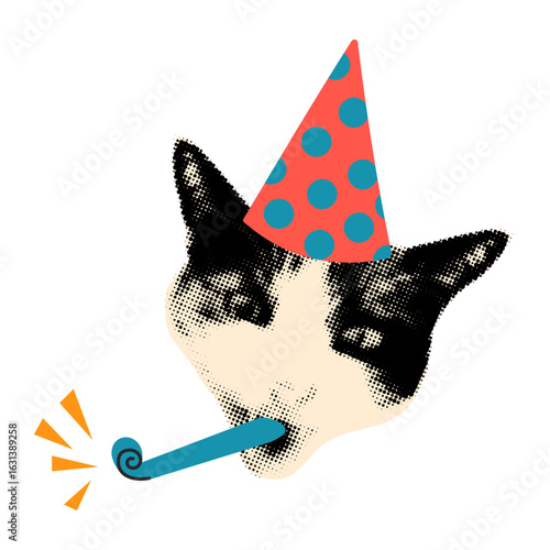 Trendy element for collage. Halftone cat wearing party hat and party blower. Happy birthday celebration concept. Modern retro grunge mixed media vector illustration on transparent background