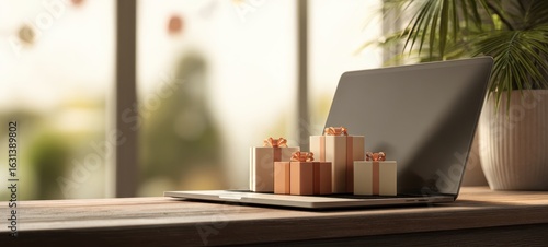 The laptop adorned with festive gifts creating a cheerful workspace ambiance.