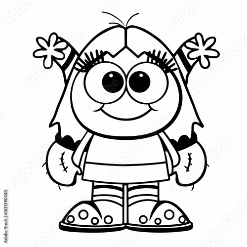 Outline drawing of a cartoon monster girl with flower hair ties and big eyes smiling