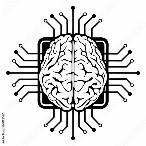 Illustration of a brain inside a chip with connecting lines and circles design