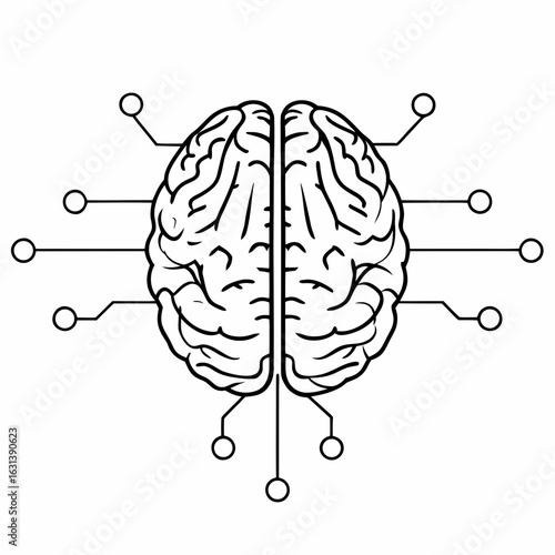 Illustration of a brain with connected circuits in black and white outline