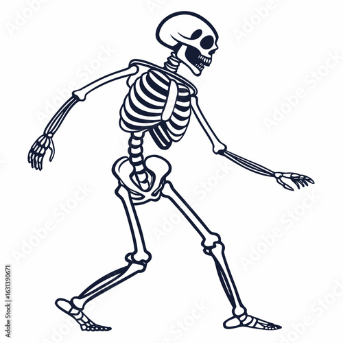 A stylized black and white illustration of a skeleton walking to the right side
