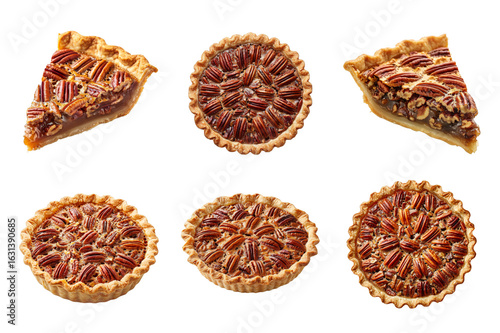 Overhead Arrangement of Several Pecan Pies and Slice on Transparent Background