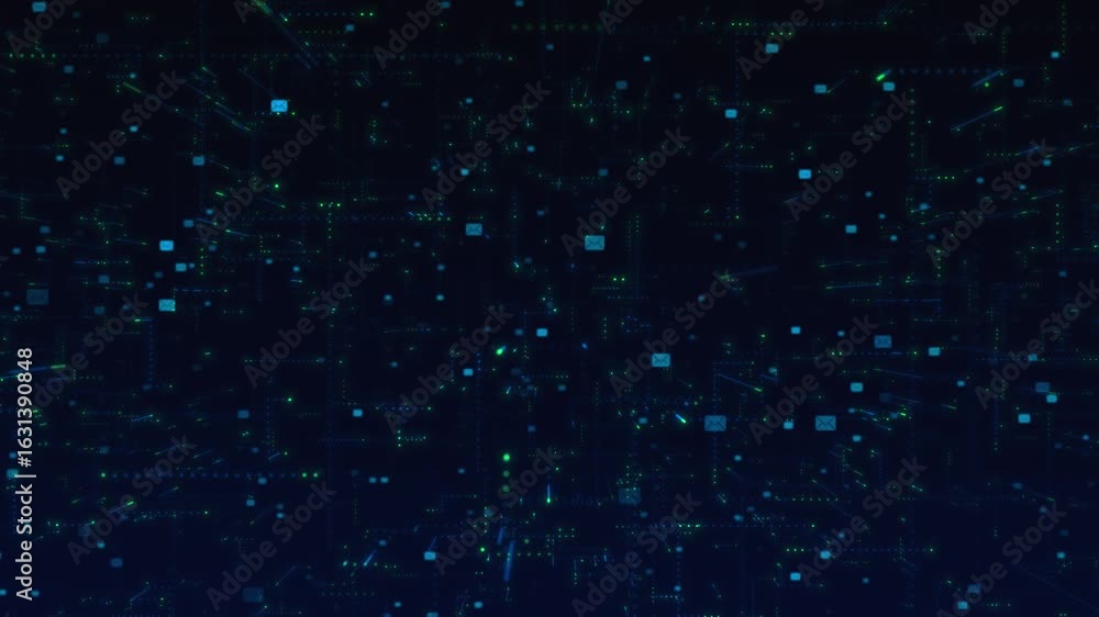 Futuristic digital background displays scattered message icons flowing through complex coding grid. Represents transmission of encrypted data, email flow, networked communication across cyberspace.