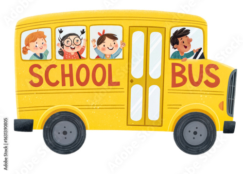 Children riding on a cheerful yellow school bus