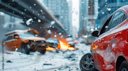 Chaotic scene of a multi-car pileup, showcasing the aftermath of a catastrophic accident.