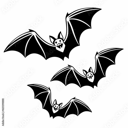 Three black cartoon bats flying with different facial expressions on white background