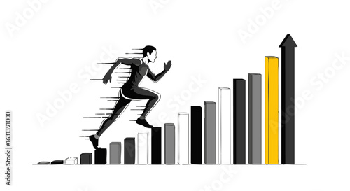 Dynamic sketch illustration of a man running up a bar chart, symbolizing progress.