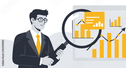 Professional businessman in a suit with glasses analyzing a financial chart with a large magnifying glass.
