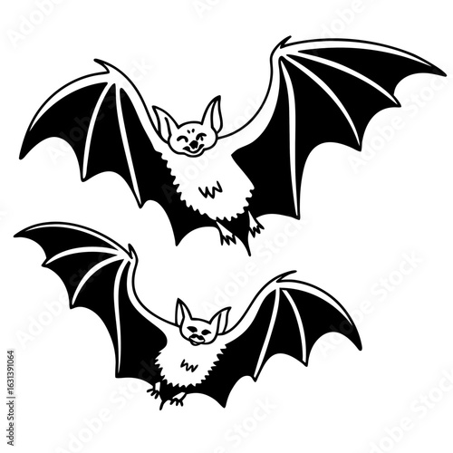 Halloween Two cartoon bats with outstretched wings in black and white illustration style