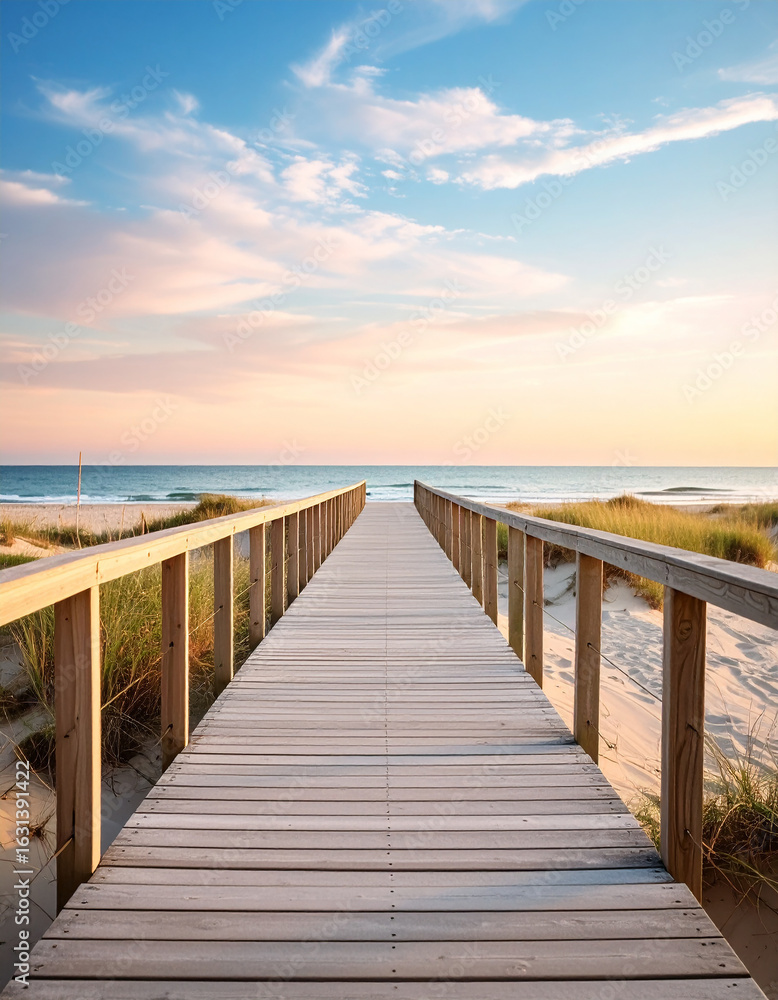Obraz premium Sunny summer boardwalk with pastel sky, beach vibes
