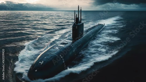 A stealth nuclear submarine sailing swiftly through the sea. Warship on a mission, possibly in wartime or training exercise.