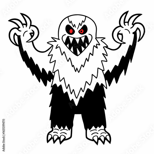 Illustration of a black and white monster with red eyes and sharp claws raised up