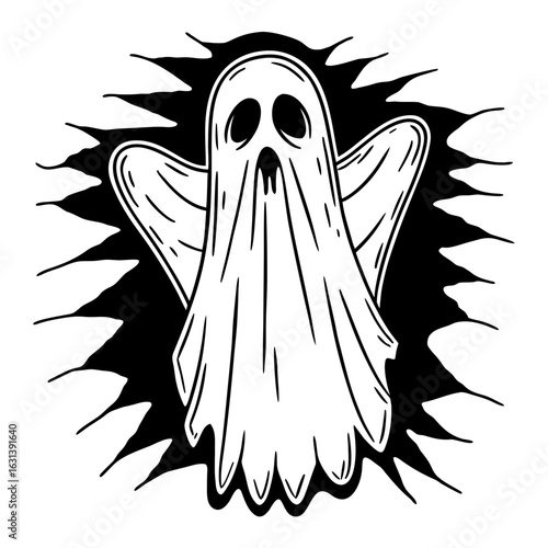A simple black and white drawing of a spooky ghost with a jagged background