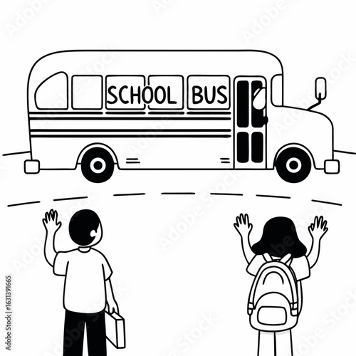 Illustration of a school bus with two children waving goodbye on a white background