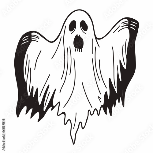 Illustration of a cartoon ghost with black outlines and spooky facial features, Halloween