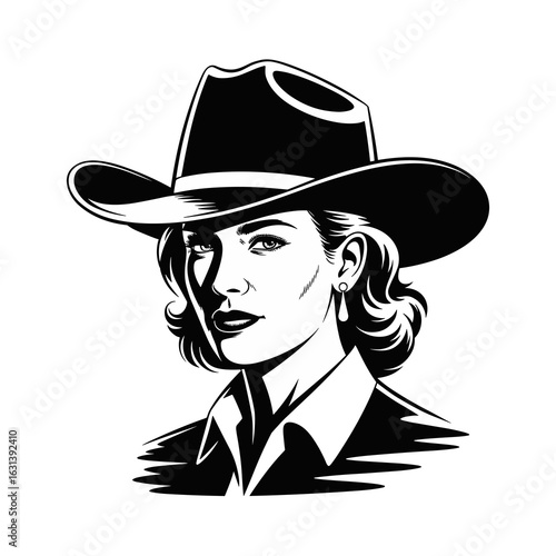 Elegant Cowgirl Portrait in Black and White Vintage Western Woman Illustration