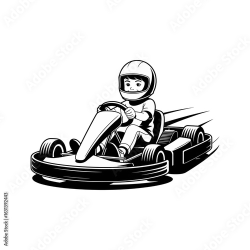 illustration of a young racer wearing a helmet and driving a speeding go-kart with motion lines