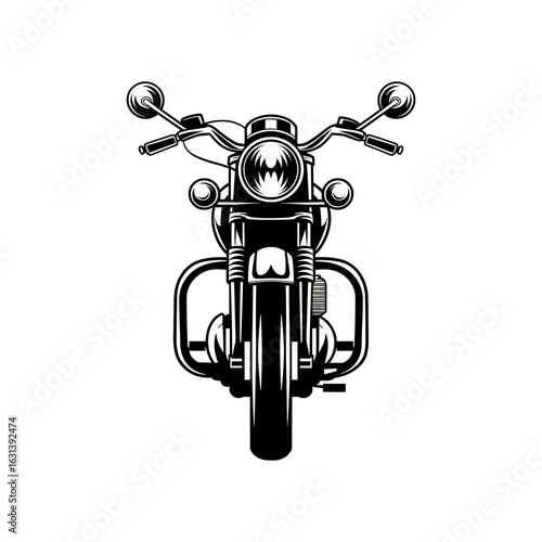 A monochrome, front-view vector illustration of a classic vintage cruiser motorcycle with a large headlight and handlebars