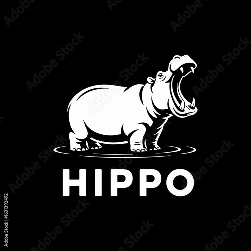     Kueri berhasil

A powerful, monochrome vector logo or emblem of a hippopotamus with its mouth wide open, standing in water against a solid black background