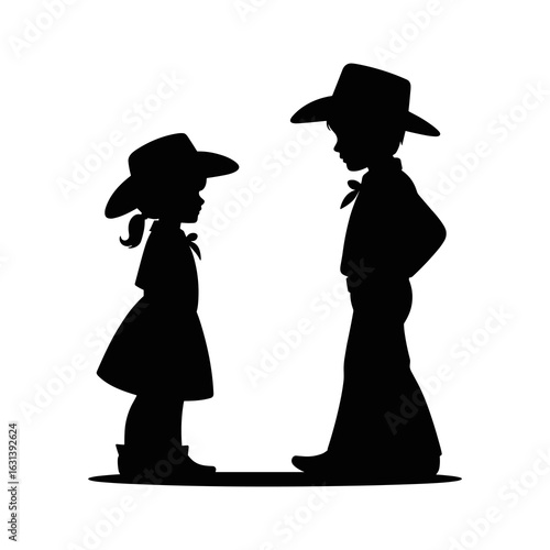 A silhouette of two young children, a boy and a girl, standing and facing each other while dressed in cowboy hats and western attire